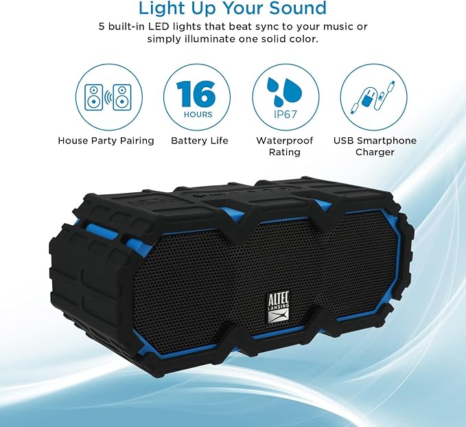 Altec Lansing LifeJacket Mini - Waterproof Bluetooth Speaker with Lights, Portable Wireless Speaker for Pool, Beach, Hiking, Sports, Camping, 16 Hour Playtime, Floats in Water-CubbioJoy