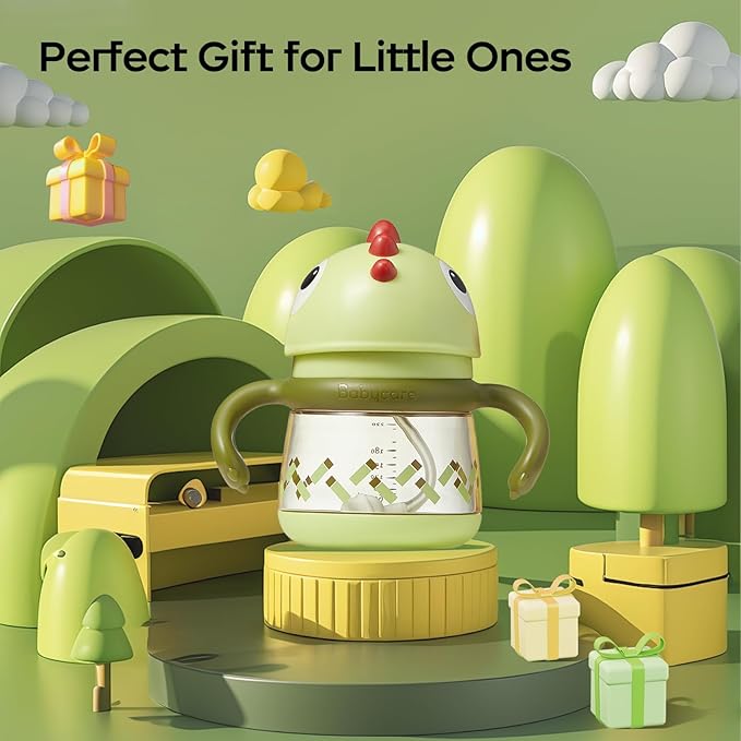 bc babycare Straw Sippy Cups for Toddler, No Spill Sippy Cups for Baby 1+ Year Old, Transition Weighted Sippy Cup with Straw and Strap, 10oz/300ml, Yellow-CubbioJoy