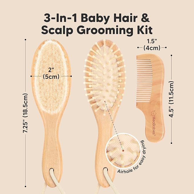 Baby Hair Brush and Comb Set for Newborn - Wooden Baby Hair Brush Set with Soft Goat Bristle, Baby Brush Set for Newborns Baby Brush and Comb Set Girl, Boy, Toddler Cradle Cap Brush (Oval, Walnut)-CubbioJoy