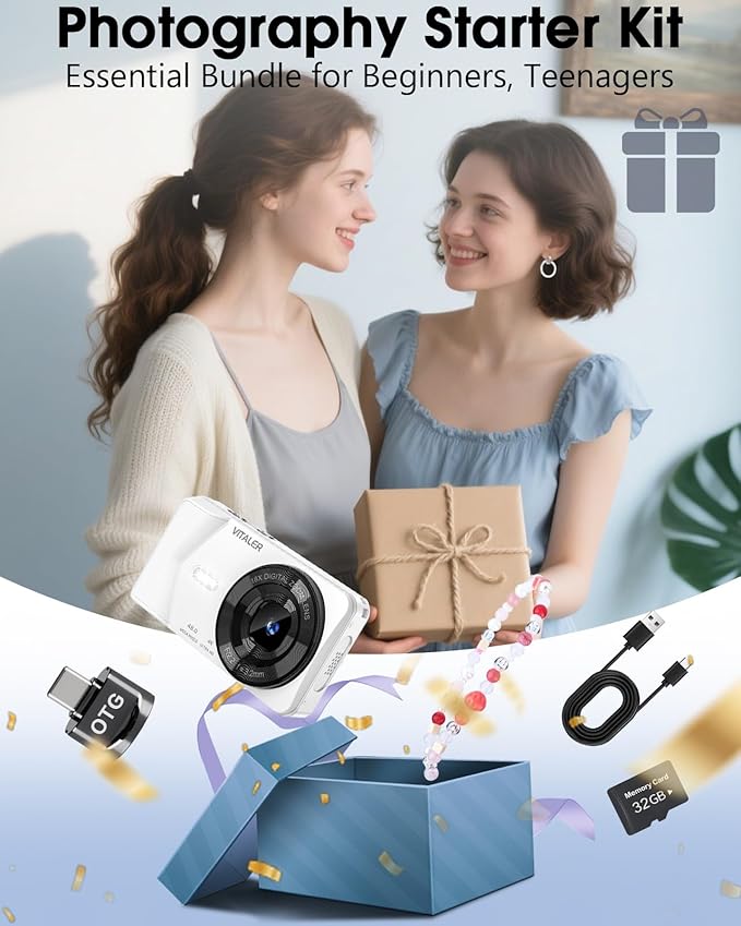 Digital Camera, Autofocus 48MP 4K Camera for Photography with 32GB Card, Portable Compact Point and Shoot Digital Camera for Teens Adult Beginner Kids with Metal Shell, 2000 mAh Battery-CubbioJoy