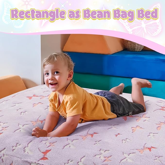COMAX Kids Bean Bag Chair Turn into Beanbag Bed, Toddler Bean Chair for Girl Boy Sleeping, Lazy Children Bean Bags with Filler, Convertible Child Floor Mattress, Purple Butterfly-CubbioJoy