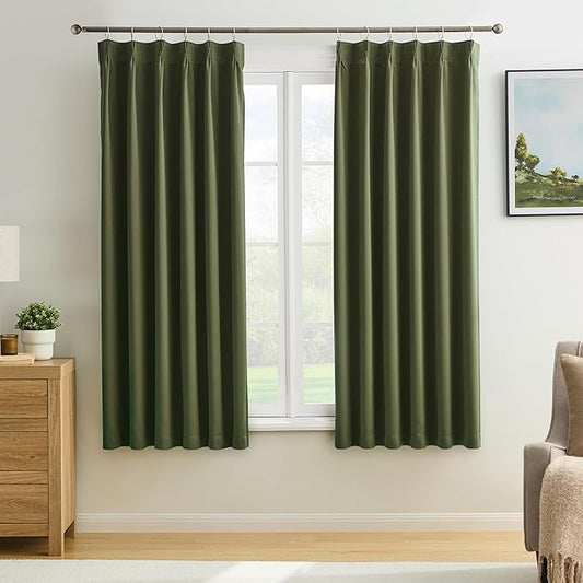 KEQIAOSUOCAI Dark Olive Pinch Pleated Curtains 45 Inches Long for Short Windows, Room Darkening Blackout Curtain Drapes for Bedroom 40 x 45 Inch -2 Panels-CubbioJoy
