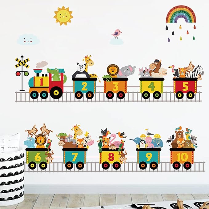 Alphabet Train Color Learning Educational Wall Decals Peel and Stick Cute Animal Wall Stickers for Educational Classroom Kids Playroom Bedroom Decorations (Train numbers02)-CubbioJoy