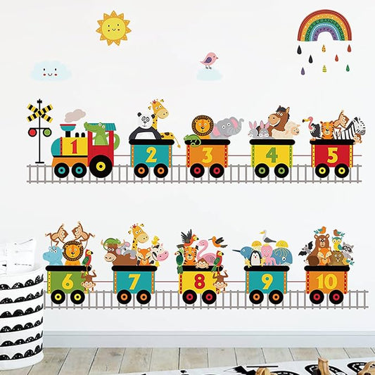Alphabet Train Color Learning Educational Wall Decals Peel and Stick Cute Animal Wall Stickers for Educational Classroom Kids Playroom Bedroom Decorations (Train numbers02)-CubbioJoy