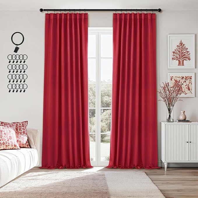 ANRODUO Back Tab Blackout Curtains for Bedroom Living Room, Rod Pocket Pinch Pleated Thermal Insulated Room Darkening Curtains 96 Inches Long 2 Panels, Red, 42 x 96 Inch-CubbioJoy
