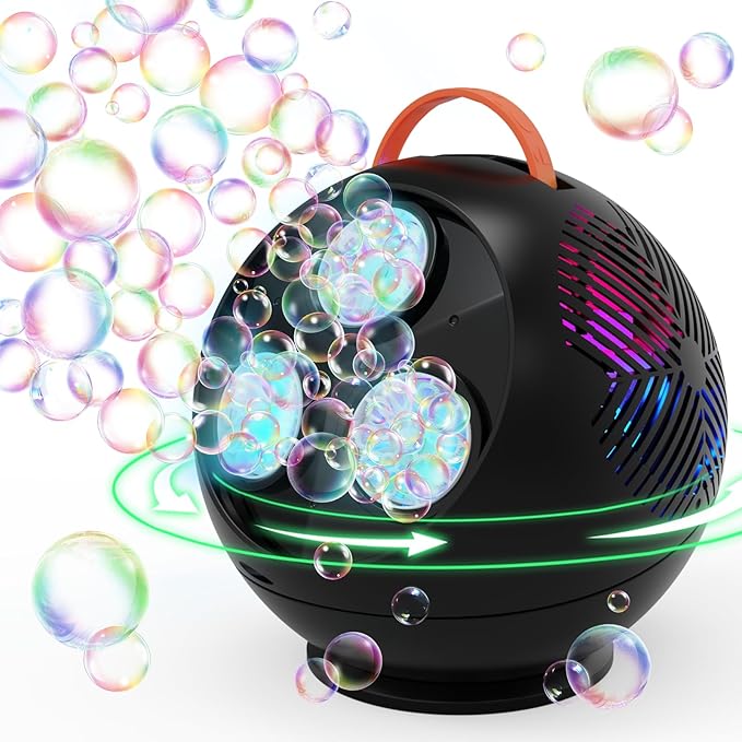 Bubble Machine Automatic Bubble Blower for Kids Toddlers Rechargeable Portable Spherical LED Bubble Maker Electric Auto Rotating 45°/360° Outdoor Toy Birthday Party Wedding (Spherical Black)-CubbioJoy
