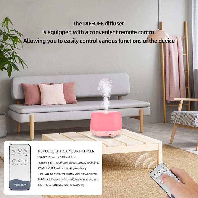 300ML Essential Oil Diffusesrs Remote Control, Aromatherapy Ultrasonic Diffuser, Cool Mist Aroma Humidfier Diffuser, 7 Color Changing LED Light, Auto-Off, Timer for Home, Room, Office, Kids.(Pink)-CubbioJoy