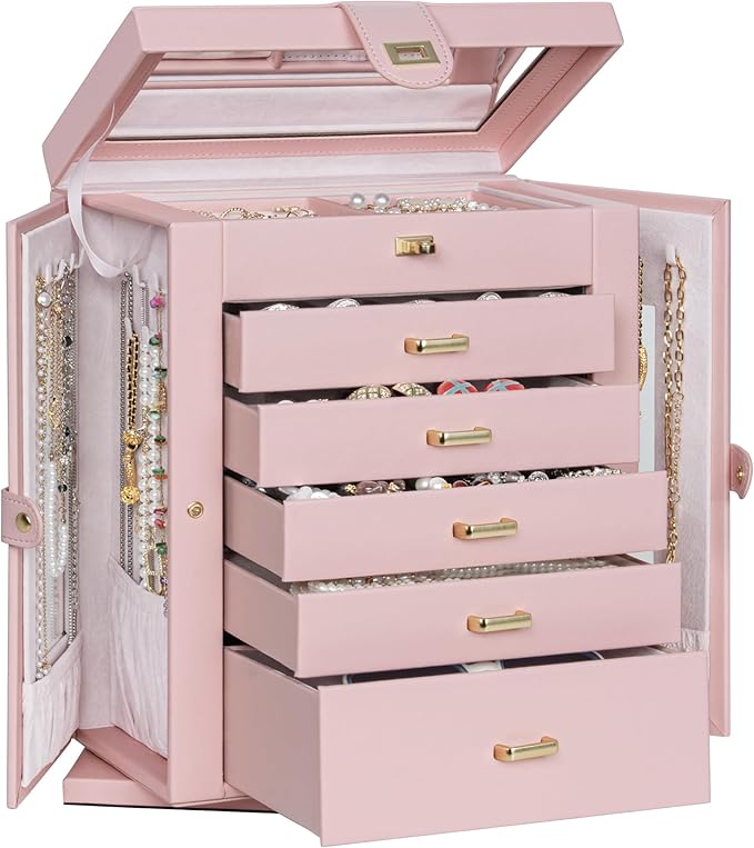 AKOZLIN 360° Rotating Jewelry Box 6-Tier Organizer Functional Jewelry Storage Case for Women Girls Ring Necklace Earring Bracelet Holder with Mirror Pink-CubbioJoy