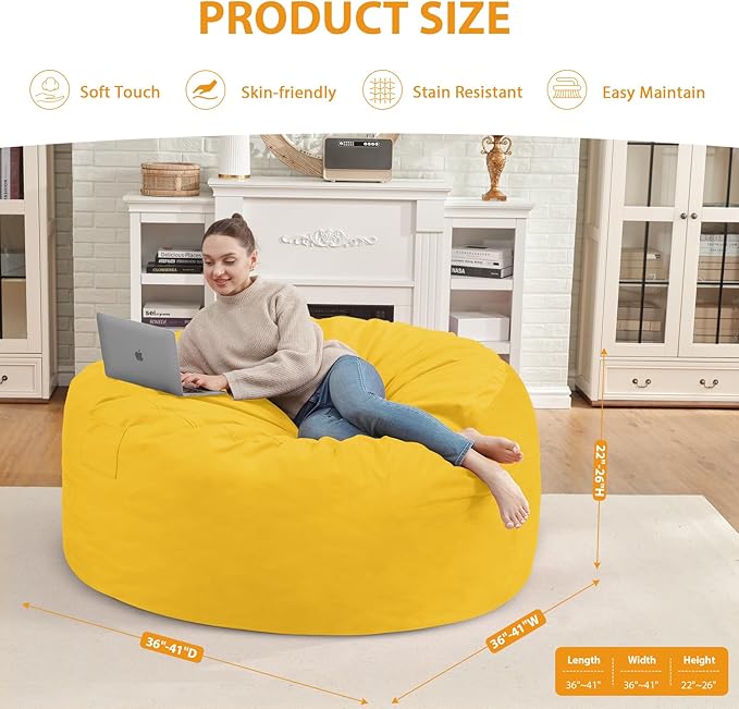3FT Bean Bag Chair, Comfy Bean Bag Chairs with Memory Foam Filled, Fluffy Beanbag Sofa with Dutch Velvet Cover, Round BeanBag Chairs for Living Room, Playroom - Lemon-CubbioJoy