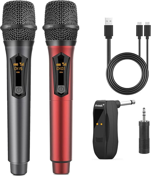 Aveek Wireless Microphone for Karaoke, 2.4GHz Rechargeable Karaoke Microphone(Work 10hs), for Speaker, Karaoke Machine,Church, Speech, Wedding, Party Singing, Grey&Red, 2 Packs-CubbioJoy