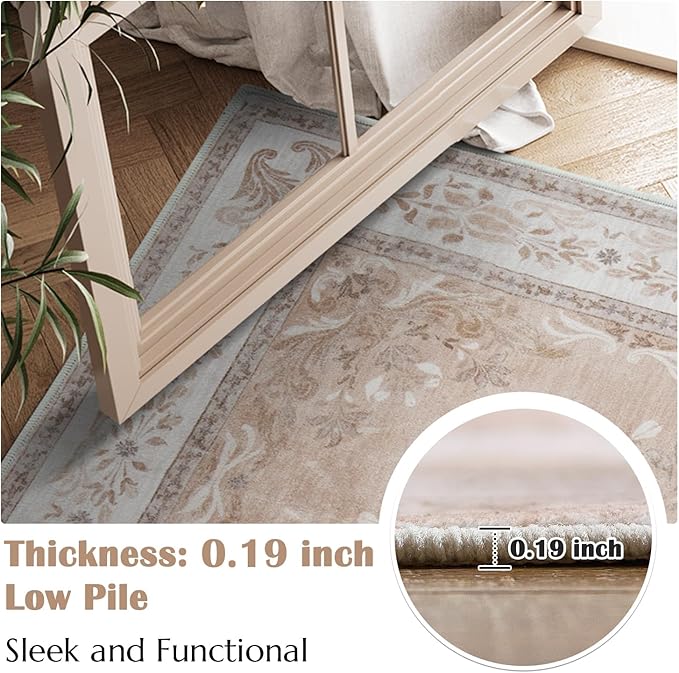 jinchan Vintage Floral 3x5 Area Rugs for Entryway - Machine Washable Distressed Design Ultra-Thin Low-Pile Soft Non-Shedding Carpet for Kitchen Bedroom Entrance Laundry Living Room (3x5ft,Coral Pink)-CubbioJoy