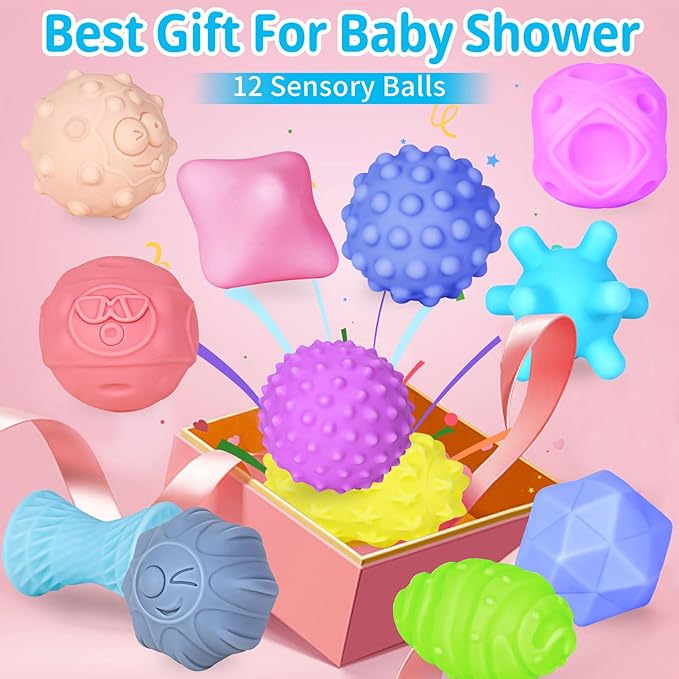 12 Pcs Sensory Balls for Toddlers, Sensory Baby Toys, Montessori Toy for Babies Squeeze, Infant Toys Soft Multi Ball Set Gifts with Bright Color Textured-CubbioJoy