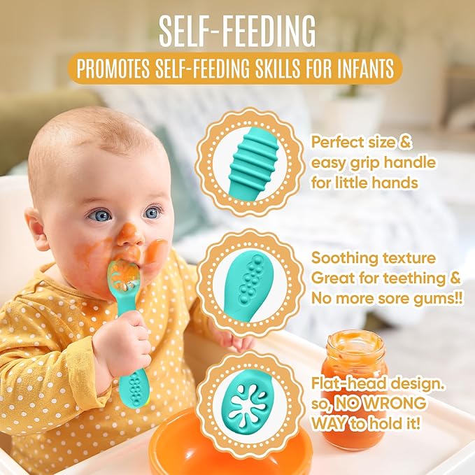 4pc Silicone Baby Spoons Self Feeding Baby Utensils 6-12 Months - 3 Baby Spoon - 1 Baby Fork - Toddler Cutlery Set - BPA Free, Dishwasher Safe - Baby Eating Essentials (Turquoise/Pickle)-CubbioJoy