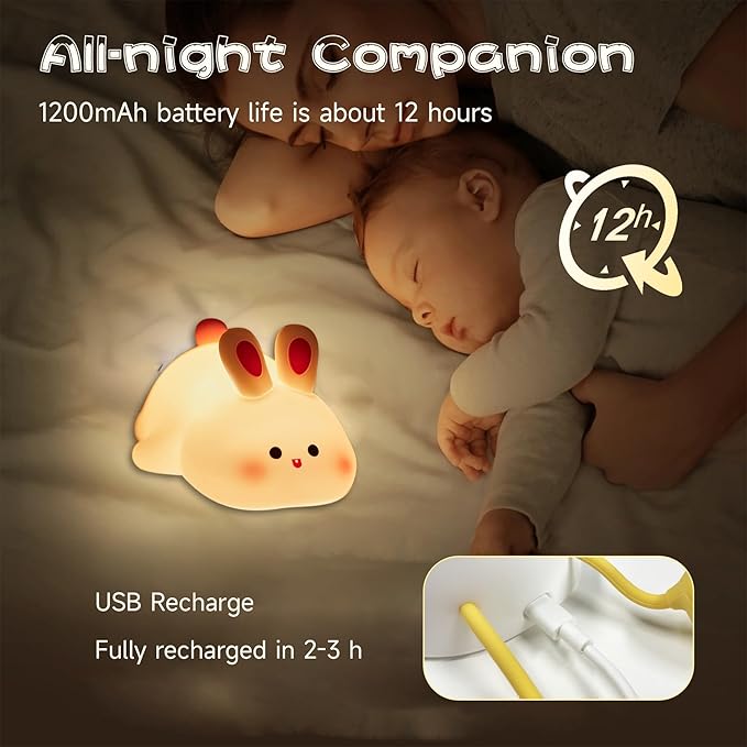 Big Face Rabbit Night Light, Adorable LED Bunny Night Lamp, Silicone Dimmable Nursery Nightlight for Girls, Silicone Rechargeable Bedside Touch Night Lights for Easter Decor-CubbioJoy