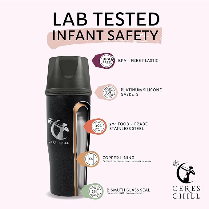 CERES CHILL Mini Breastmilk Chiller Demigoddess, Up to 12 oz. Reusable Storage Container, Keeps Milk at Safe Temperatures for Up to 16 Hours, Bottle Cooler, Connects w/Most Pumps (Shimmering Black)-CubbioJoy