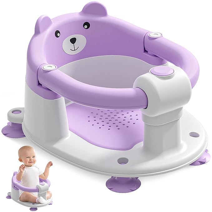 Baby Bath Seat for Babies 6 Months & up, Non-Slip Toddler Bath Seats for Babies Sitting Up, Safe Infant & Newborn Bathtub Chair with 4 Suction Cups & Soft Cushion for Shower,Lavender-CubbioJoy
