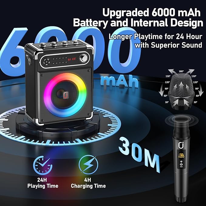 Karaoke Machine with 2 Wireless Microphones,【Upgraded 6.5"Woofer & 2"Tweeter】Portable Bluetooth 5.3 Karaoke Speaker, PA System with Bass/Treble/Echo Adjustment, Supports USB/AUX/TF/TWS for Home Party-CubbioJoy