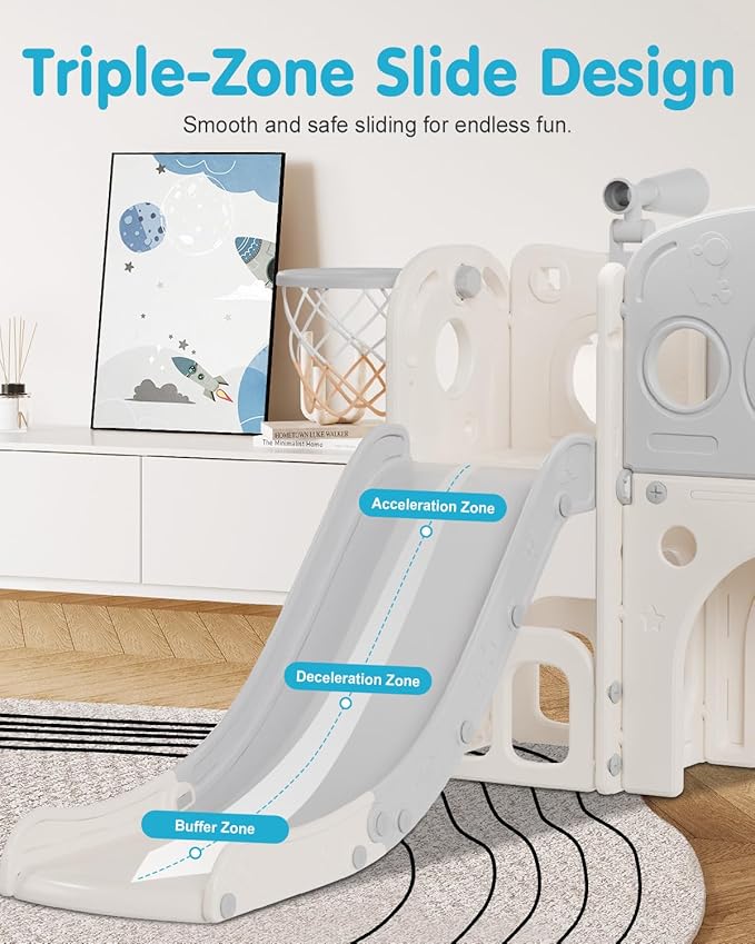 Babytronic Toddler Slide Set, 8 in 1 Kids Slide with Climber, Indoor Outdoor Slide for Toddlers Age 1-3, Toddler Playset with Basketball Hoop and Tunnel, Toddler Indoor Outdoor Playground (White&Gray)-CubbioJoy