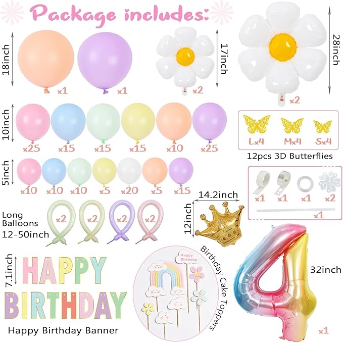 4th Birthday Decorations Girl Pastel, Slmeno 219Pcs Pastel Rainbow Balloon Arch Garland Kit, with Number 4 Balloons,Banner,Cake Toppers,12 3D Butterfly for 4 Year Old Girl Birthday Easter Party Decor-CubbioJoy