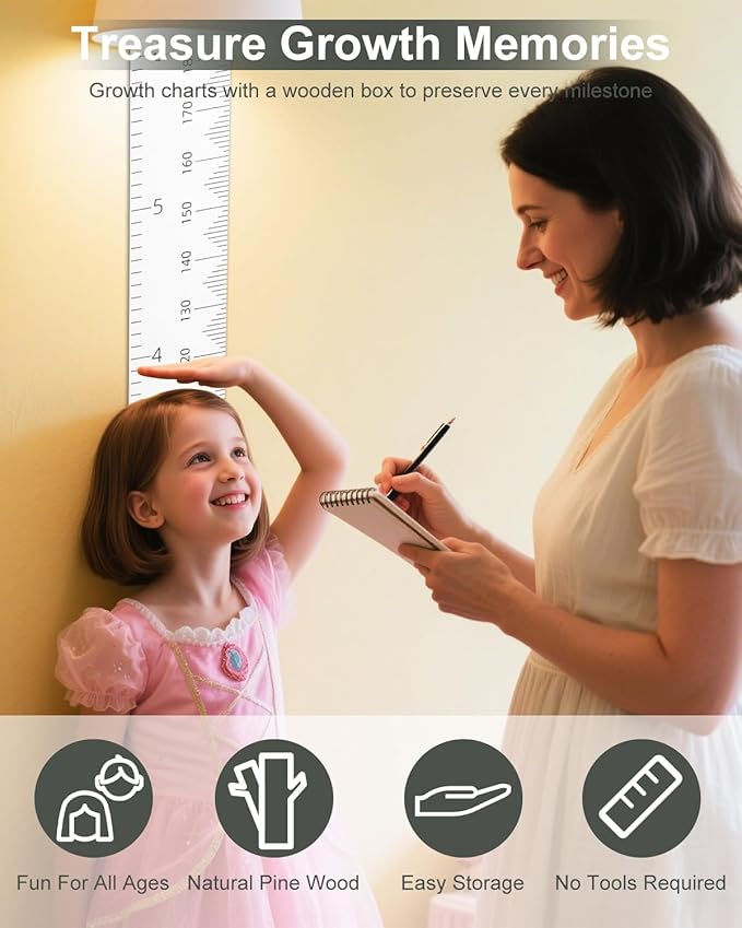 6.5FT Growth Chart for Kids with Wooden Keepsake Box - Children Height Measurement Kit Includes Marker Pen & Wall Hook, Height Tracker Ruler Baby Essentials, Nursery Room Decor Gift for Baby to Teen-CubbioJoy