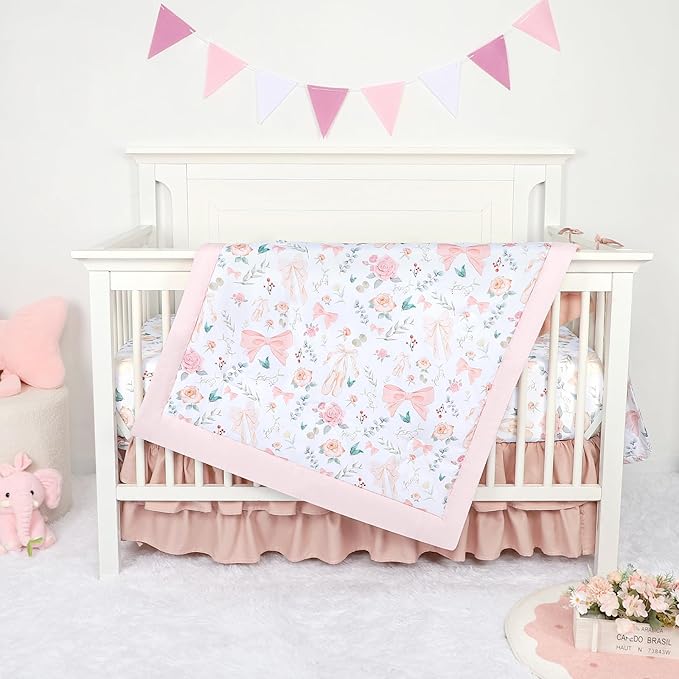 GFU Crib Bedding Set for Girls 4-Piece, Bow Baby Girl Crib Bedding Set Pink Flowes, Nursery Sets Includes Comforter, Fitted Crib Sheet, Crib Skirt, and Diaper Stacker-CubbioJoy