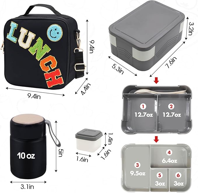 Insulated Lunch Bag for Boys Girls with 10oz Thermo, with 6 Compartment Bento Box, Black Nylon Preppy Lunch Box Adjustable Strap for Boy Girl Kids Teens School Travel Picnic-CubbioJoy