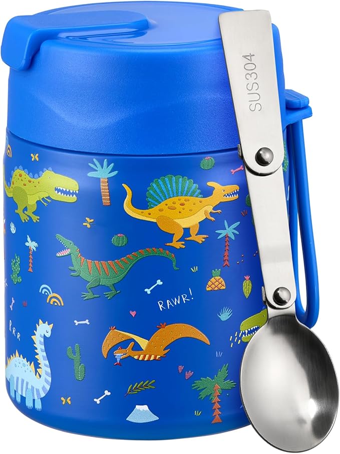 17oz Soup Thermo for Hot Food Kids Insulated Vacuum Food Jar with Stainless Steel Spoon Wide Mouth Thermo Leakproof Lunch Food Container Kids Hot Lunch Box (Blue-Dinasour)-CubbioJoy