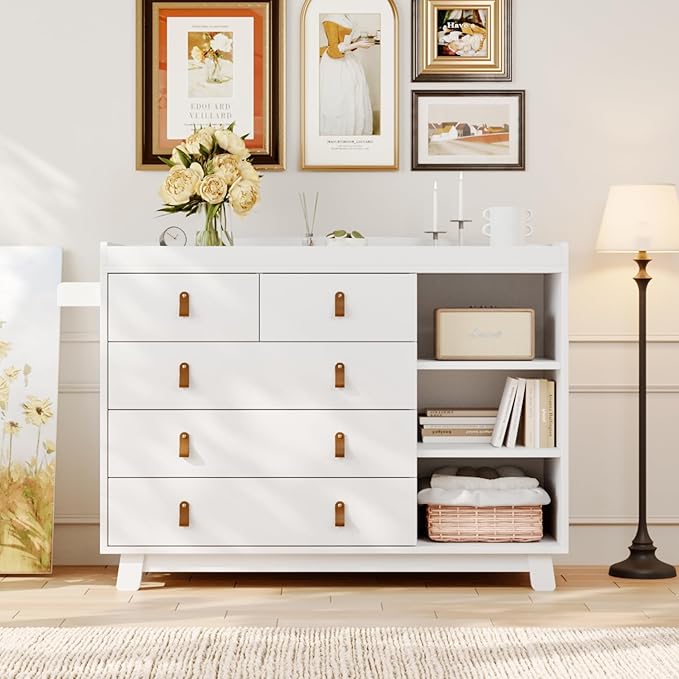 Baby Dresser with Changing Table Top, Baby Changing Table Dresser with 5 Drawers and Adjustable Shelves, Multi-Functional Diaper Changing Station, Nursery Organizer for Kids Bedroom, White-CubbioJoy