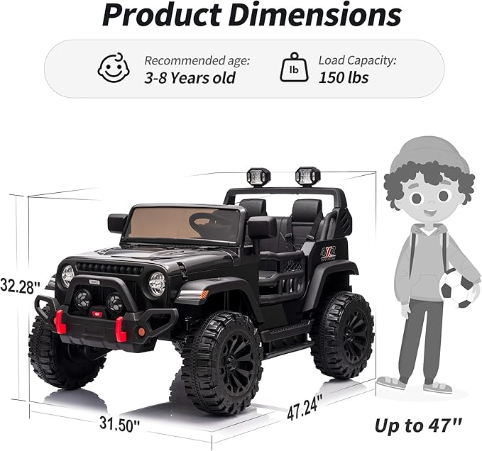 2 Seater Ride on Car Truck, 12V Kids Electric Ride on Toy for Big Kids Age 3-8 w/Remote Control- Black-CubbioJoy