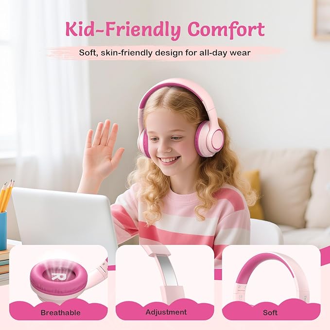 Active Noise Cancelling Headphones for Kids, 60H Playtime, Wireless Bluetooth Over-Ear Blue Headset Built-in Microphone for Home/School/Travel/Party - Includes Portable Case (Pink)-CubbioJoy