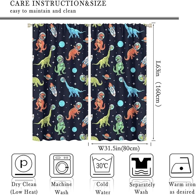 Cartoon Dinosaur Curtains for Kids Boys Girls Home Decor, Astronaut Rocket Funny Outer Space Blackout Rod Pocket Window Drapes for Bedroom Living Room W31.5xL63in 2 Panels-CubbioJoy