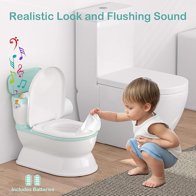 2-in-1 Toddler Potty Training Toilet - Larger Potty Chair & Detachable Training Seat for Boys & Girls Ages 1-3 with Flushing Sound, Wipes Storage, Toilet Paper Holder - Cyan-CubbioJoy