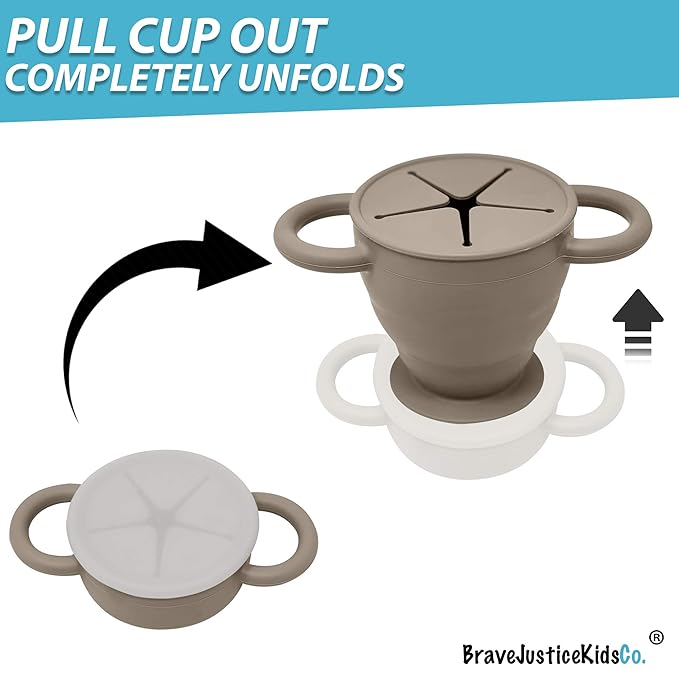 BraveJusticeKidsCo | Snack Attack II Snack Cup | Collapsible Silicone Snack Container | Toddler and Baby Snack Catcher Lid (Fog)-CubbioJoy