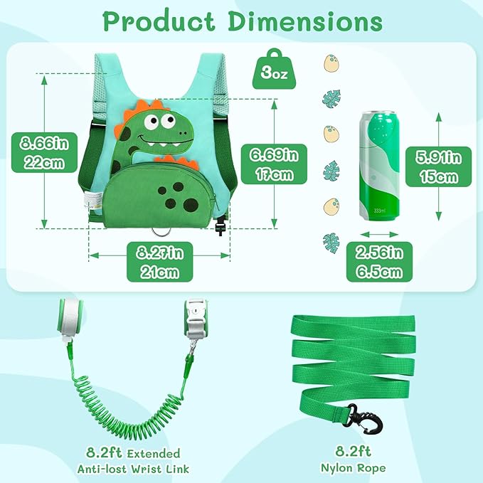 Dr.meter 3 in 1 Toddler Harness Leash + 8.2ft Anti Lost Wrist Link, Cute Dinosaur Kids Safety Harness Tether with Key Lock, Child Protective Leashes While Walking for Outdoor Activity Keep Kids Close-CubbioJoy