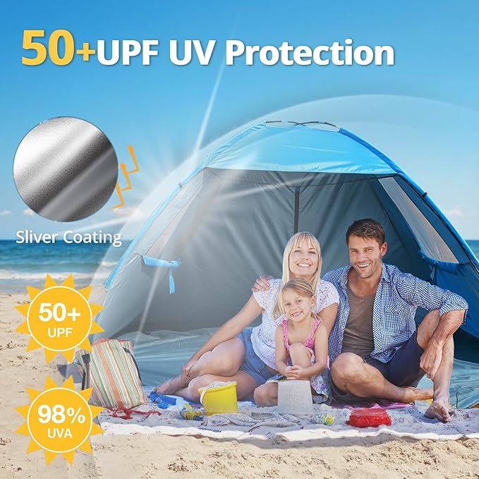 CAMEL CROWN Beach Tent UPF 50+ Sun Shelter for 2/3/5/6 Person, Lightweight Portable Sun Shade with Sand Anchor, Family Beach Day & Outdoor Adventures-CubbioJoy