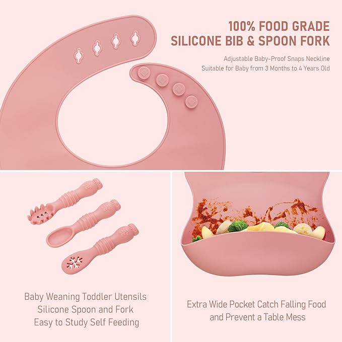 Baby Weaning Set - Silicone Toddler Feeding Set (10 Pcs) with Adjustable Bib, Suction Bowl, Plate, Fork, Spoon, Water & Snack Cup Kit - Baby Led Weaning Kit-CubbioJoy