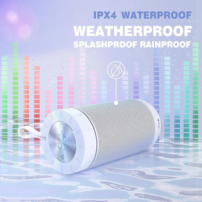 comiso X26 Bluetooth Speaker, IPX4 Waterproof Speakers 360° HD Surround Sound with Punchy Bass, Wireless Dual Pairing, 24H Playtime, Portable Speaker for Shower, Home, Outdoor, Camping, Beach-White-CubbioJoy
