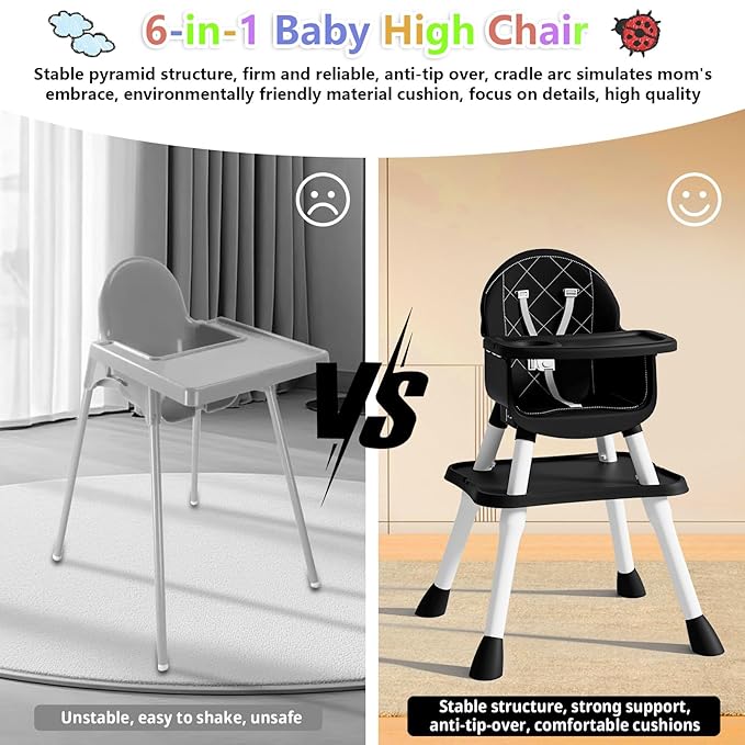 6 in 1 Baby High Chair for Babies and Toddlers, Booster Seat, Kids Learning Table & Chair (Black)-CubbioJoy