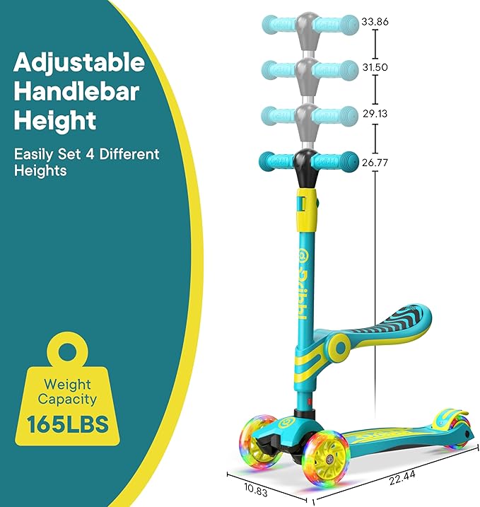 Aqua & Yellow 3 Wheel Scooter with Seat for Kids – Light-Up LED Wheels, Adjustable Handlebar and Seat, Smooth PU Wheels, Wide Anti-Slip Deck, Rear Foot Brake – Toddler Outdoor Toys for Ages 2+-CubbioJoy