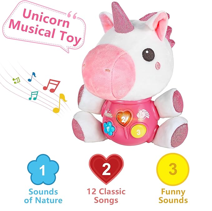 iPlay, iLearn Baby Unicorn Musical Toys, Newborn Girls Gift, Soft Unicorn Plush Stuffed Animal, Infant Light Music Time, 1st Birthday Shower Gift Stuffers for 0 1 2 3 6 9 12 18 Month 1-3 Yrs Toddlers-CubbioJoy