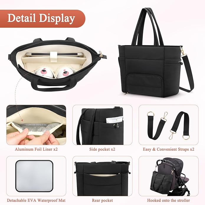Diaper Bag Tote for Working Mom, Breastmilk Cooler Bag with Insulated Compartment, Breast Pump Tote Bag with Ice Pack for Cooler & 15‘’ Laptop Sleeve, Baby Bottle Cooler bag for Nursing, Work, Travel-CubbioJoy