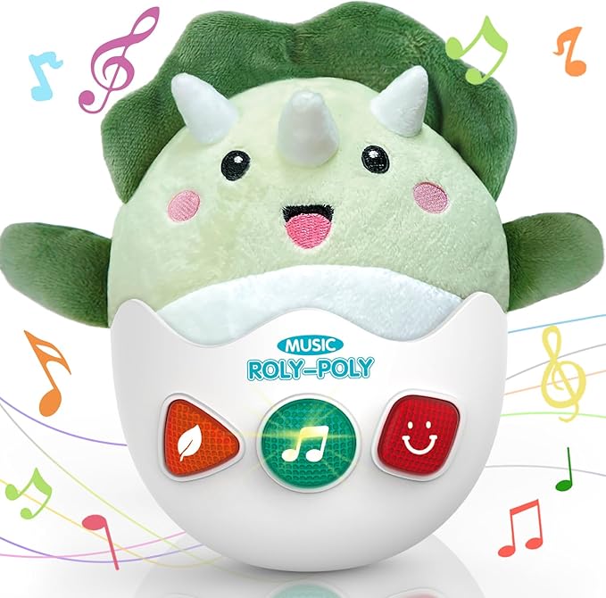 Baby Dinosaur Toys 0-3-6-12 Months, Musical Infant Toys with Light & Sounds, Soft Plush Stuffed Animal, Newborn Boys Girl 1st Birthday Shower Gift, Roly-poly Sensory Tummy Toy Easter Egg Gifts-CubbioJoy