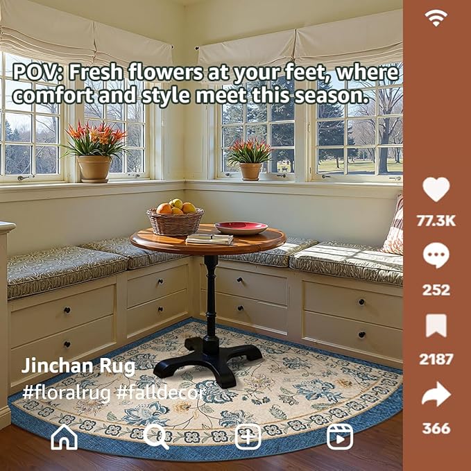 jinchan Floral Corner Rug for Living Room Washable Bedroom Rug Vintage Romance Design Non Slip Quarter Circle Lightweight Low-Pile Throw Carpet for Reading Nook Playroom,8ft Radius, Blue/Beige-CubbioJoy