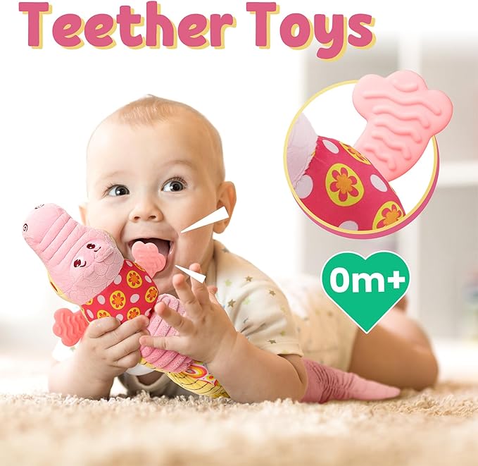 LIGHTDESIRE Baby Toys Musical Crocodile,Infant Toys Stuffed Animals Toy with Ruler Design and Ring Bell,Baby Teething Toy for Tummy Time Newborn Boys Girls 0 3 6 12 Months(Pink)-CubbioJoy