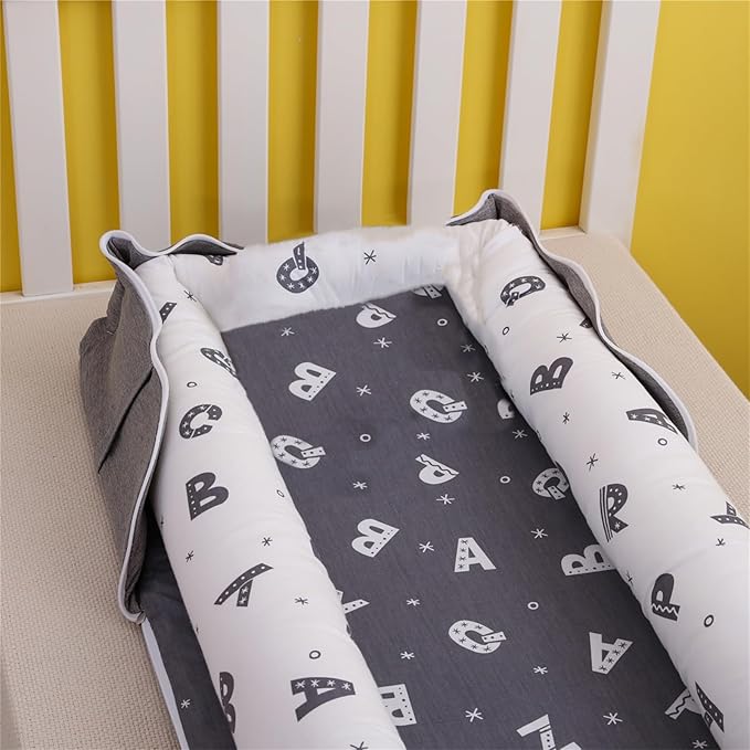 Baby Lounger for Newborn Portable Bag,Baby Nest Play Gym mat with Strap,Newborn Lounger Adjustable Size & Inner Zipper Lengthen Space to 24 Months(Letter Gray)-CubbioJoy
