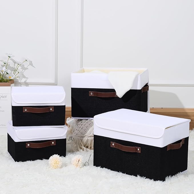 ANMINY Storage Boxes with Lids Washable Decorative Storage Bins Basket with PU Leather Handle Foldable Linen Fabric Storage Cubes Containers for Home Closet Organizer - Black White, Small Size-CubbioJoy