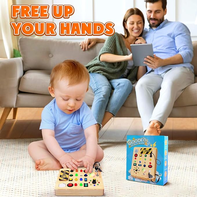 Busy Board with LED Light, Wooden Sensory Toys for Toddler, Montessori Music Toy for Airplane, Travel Activity Educational Learning Autism Toys, Birthday Boys Girls Gifts-CubbioJoy