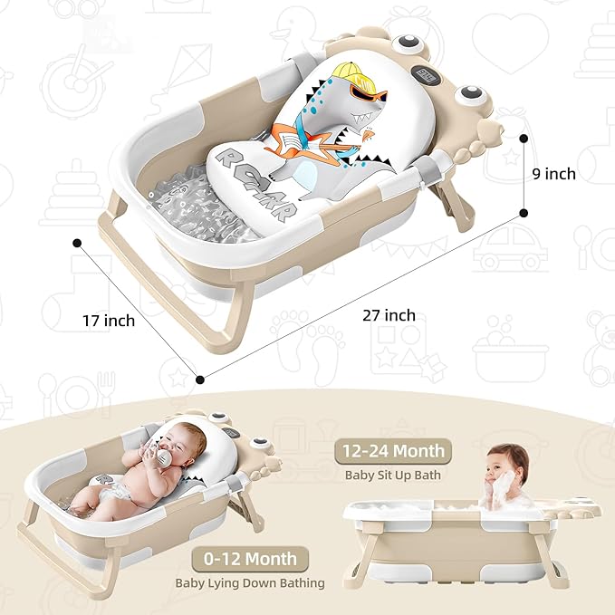 Collapsible Baby Bathtub for Infants to Toddler with Real-time Temp Monitor+Floating Cushion,Foldable Baby Bath Tub Set Applicable 0-36 Month,Portable Travel Baby Tub for Newborns Boy (Beige)-CubbioJoy