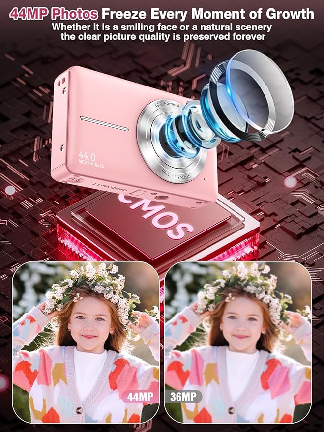 Digital Camera,FHD 1080P Kids Camera 44MP Point and Shoot Digital Cameras with 32GB Card,16X Zoom,Anti-Shake,Date Stamp,Compact Small Cameras Photography for Kids Student Teen Girl Boy(Pink)-CubbioJoy