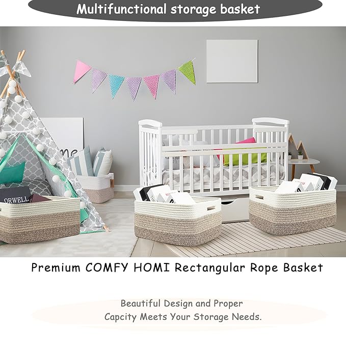 COMFY-HOMI Cotton Rope Woven Basket with Handles for Shelves,Toys,Book, Cloth Storage Baskets for Organizing-17" x 13" x 7.5" Toy Decorative Organizer for Living Room, Bathroom （white/3 brown）-CubbioJoy